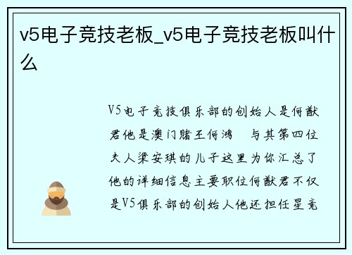 v5电子竞技老板_v5电子竞技老板叫什么